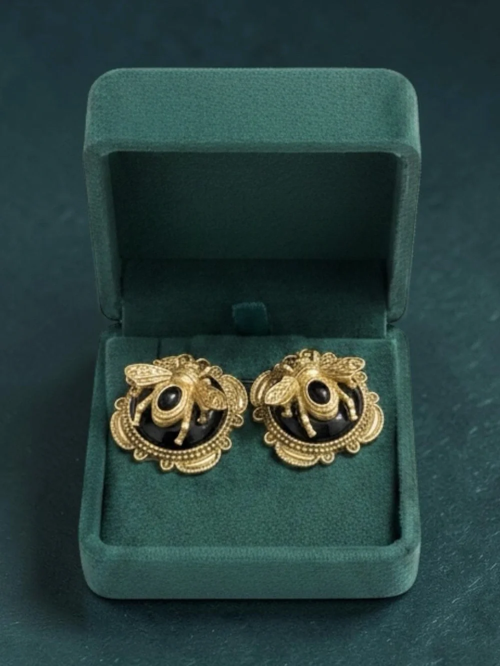 NWOT Matte Goldtone Bug Pierced Earrings green velvet box not included